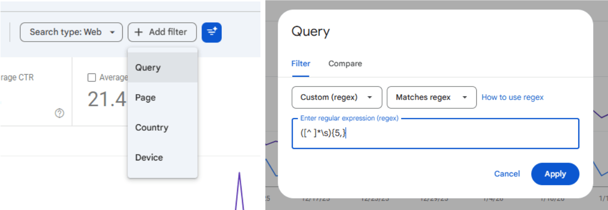 Using the regex filter to find AI mode queries in GSC